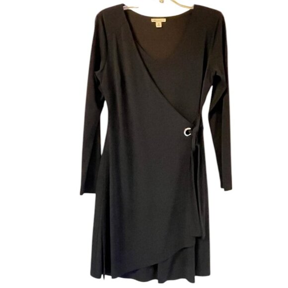 Black Faux Wrap Dress Size M | Long Sleeve Knee Length | Stretch Knit - Picture 1 of 6